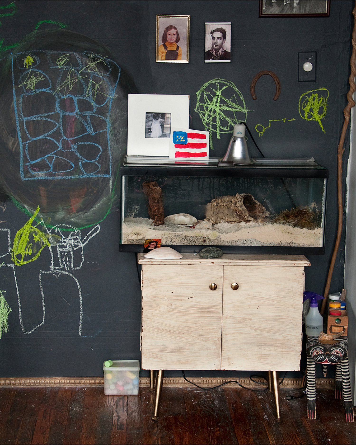 A display case with a hermit crab on a cabinet sided by a toy cat and against a wall-size blackboard with drawings and family photographs.