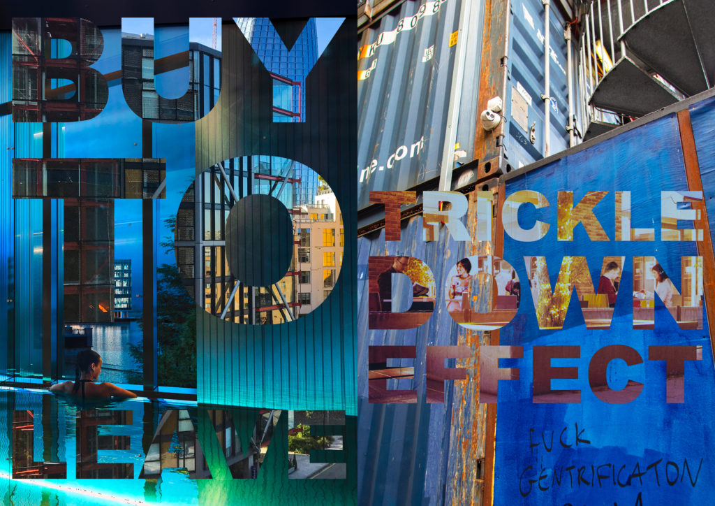 Photograph of two digital collage posters.