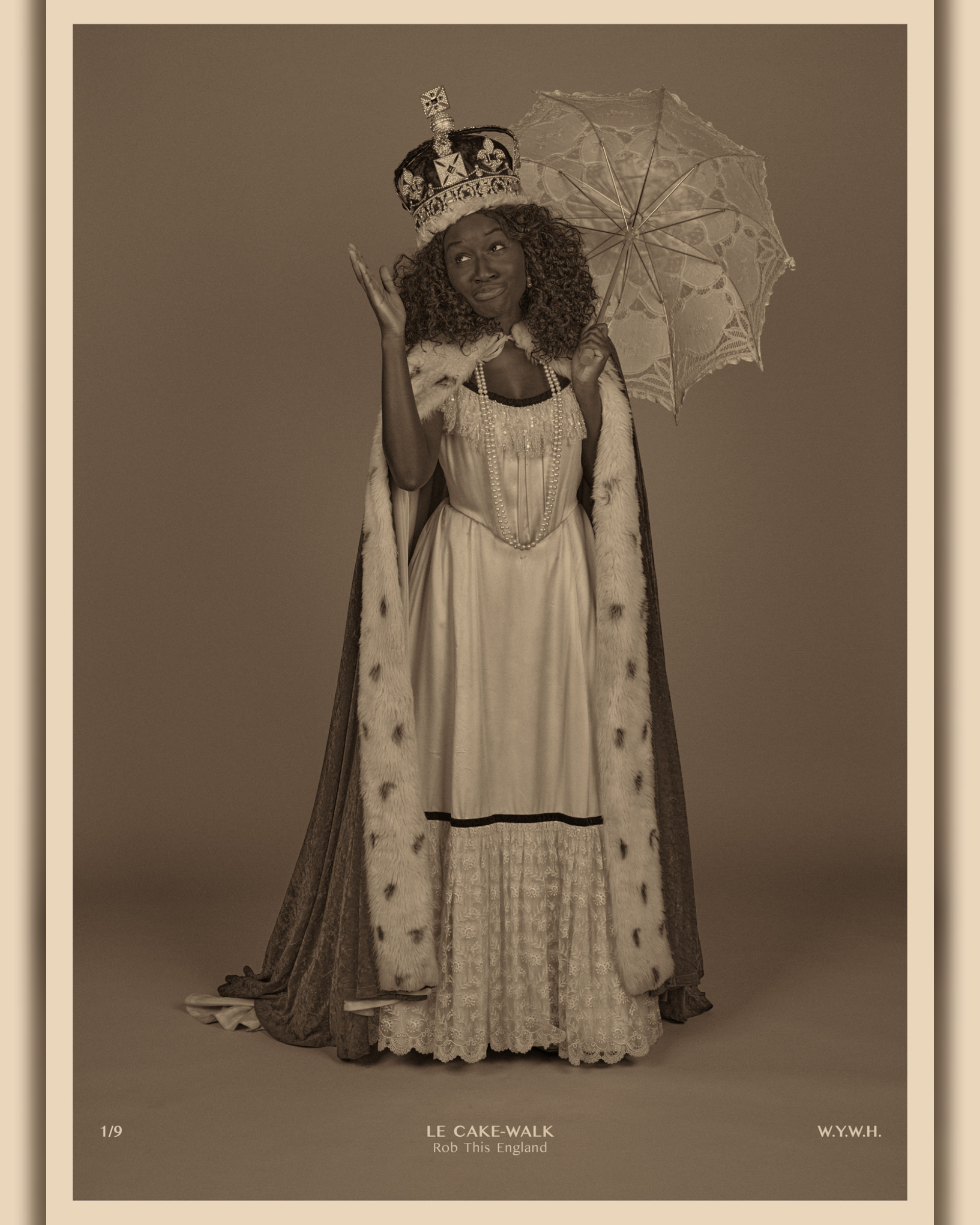 A woman dressed in a Victorian dress, with a royal robe and crown holding an antique umbrella, gesturing in amusement at her pose