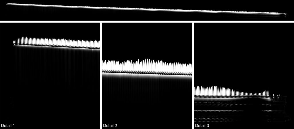 1194 time-lapse images programmatically combined to create a single print 11 feet wide by 10 inches tall. Displaying the process of time in the spatial width of the image.