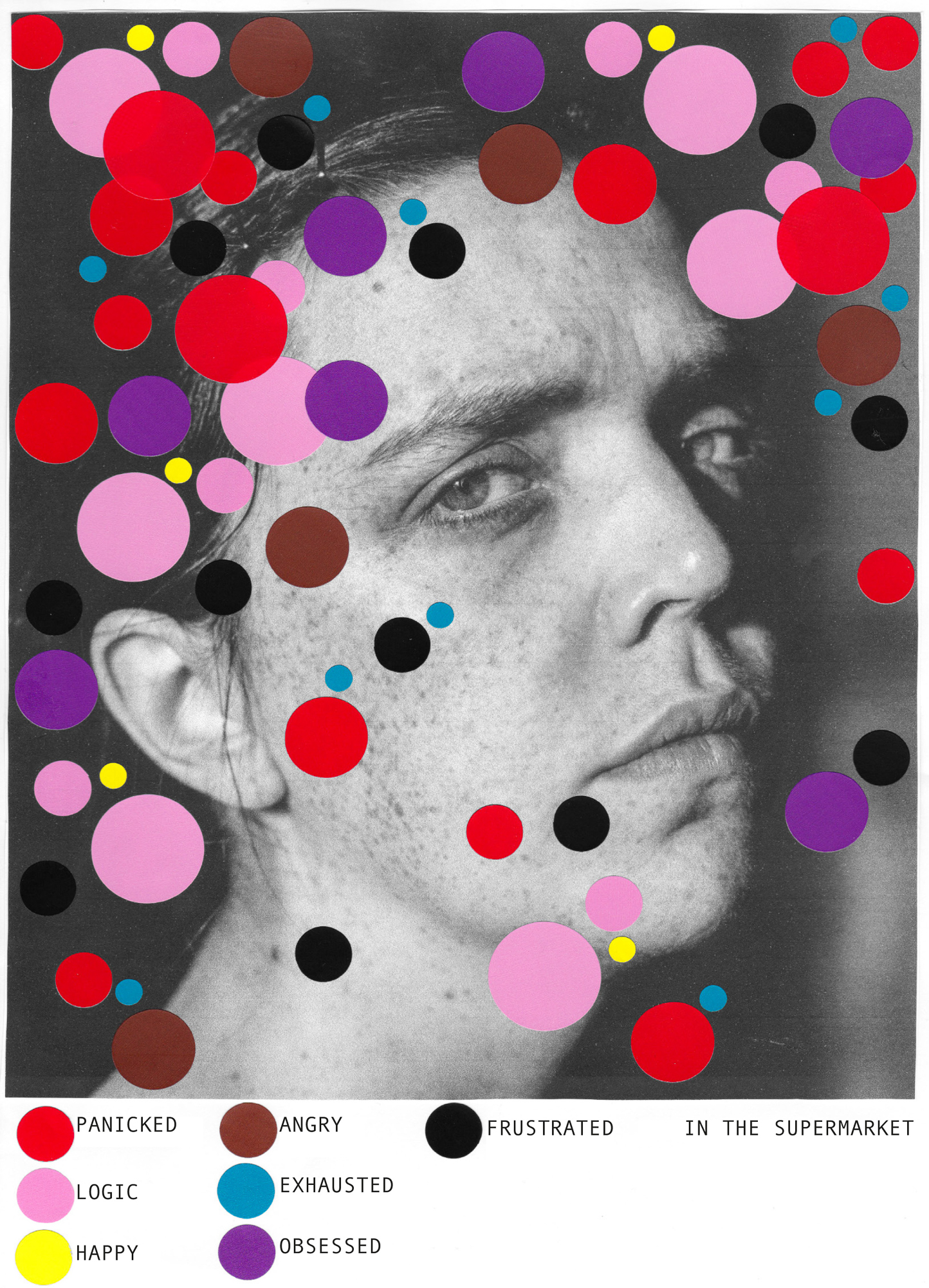 A black and white portrait of a girl, a layer of different coloured stickers sit over her face, at the bottom is a colour key explaining what the colours mean