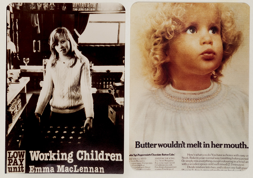 collage of two vintage ads side by side. on the left a little girls with long hair, in the kitchen, holding a tray , onthe right- a small blonde child with curly hair looking up