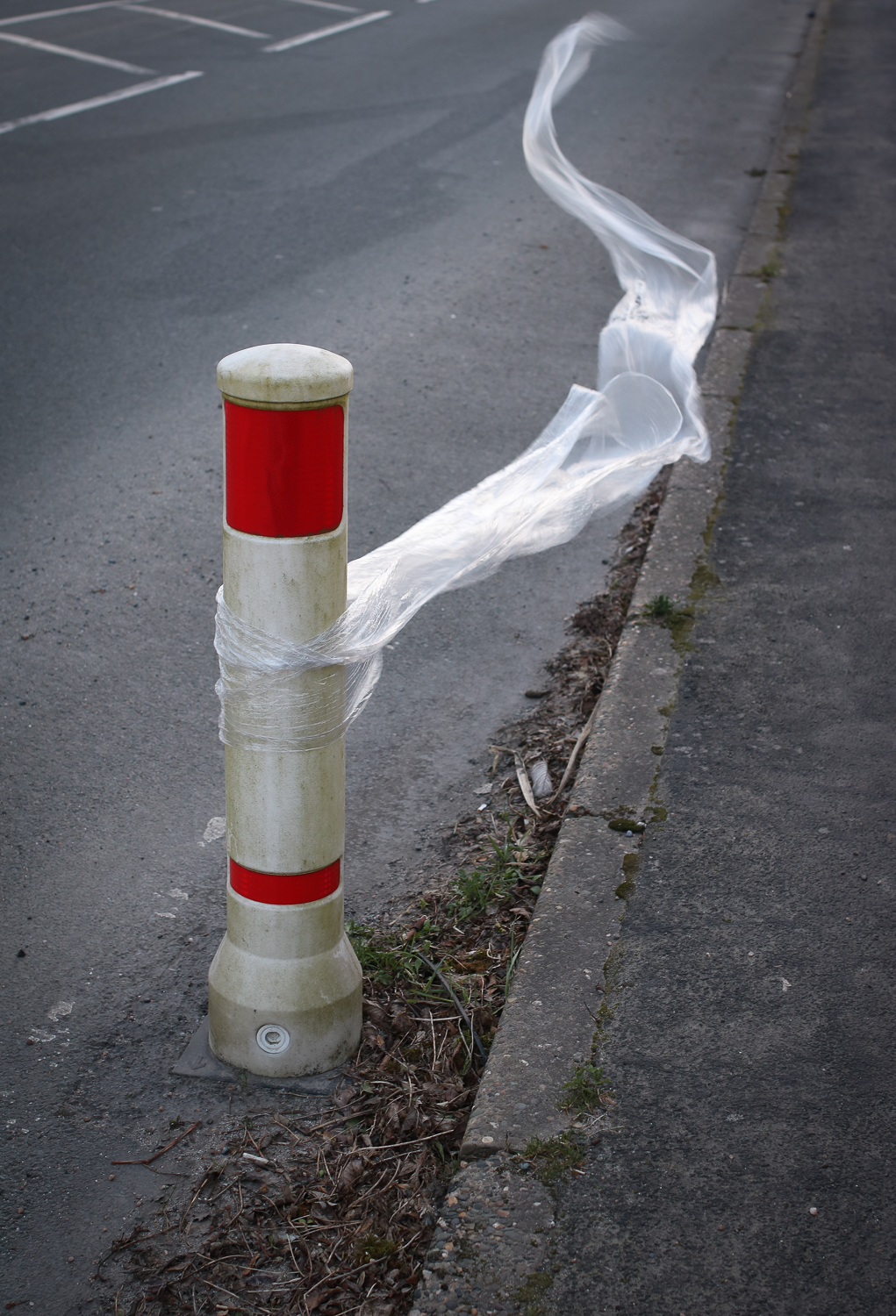 Photograph of discarded plastic wrapping caught on a bollard, flying in the wind